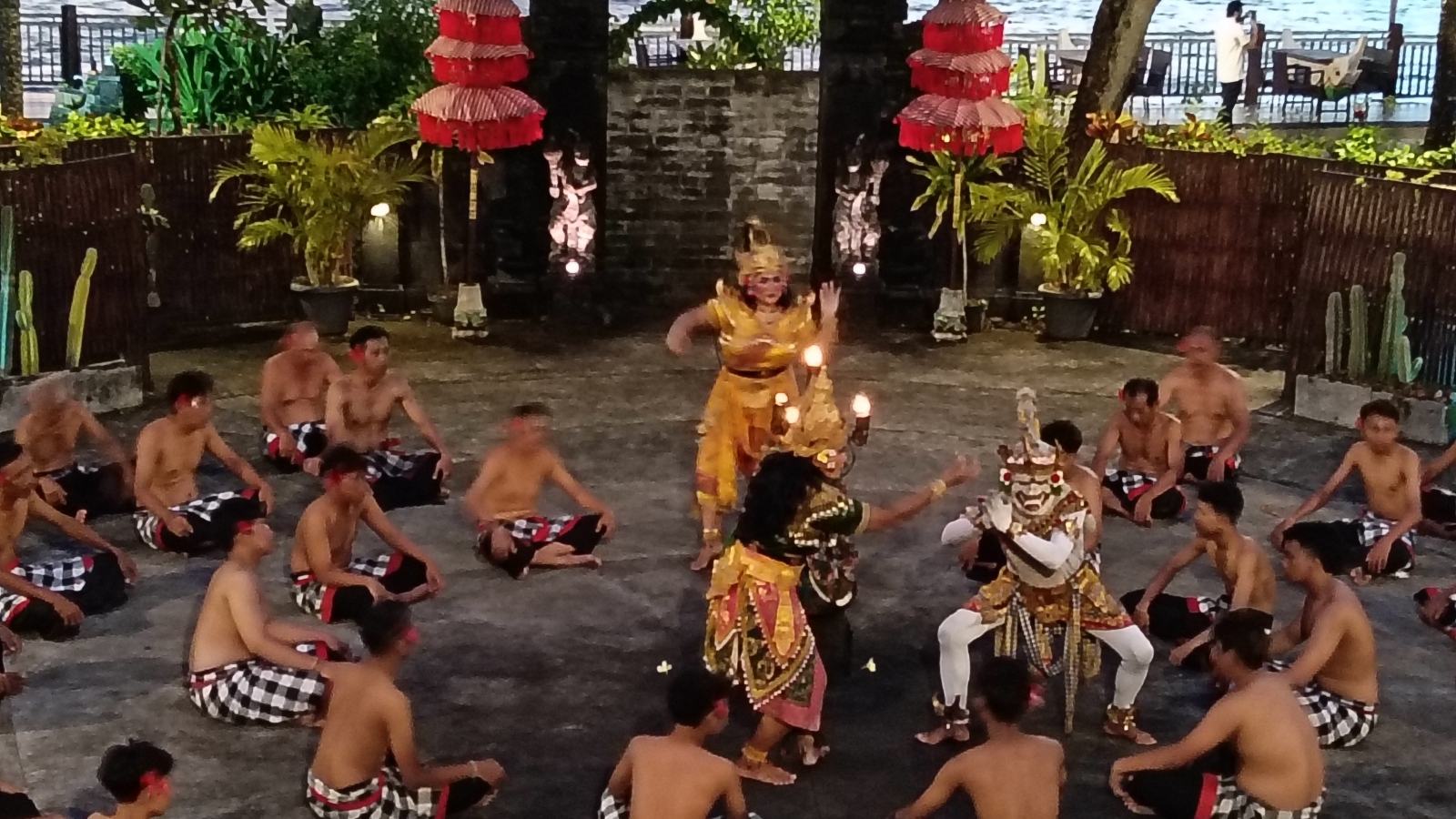 Dancers performing the Kecak and fire dance at Tanah Lot