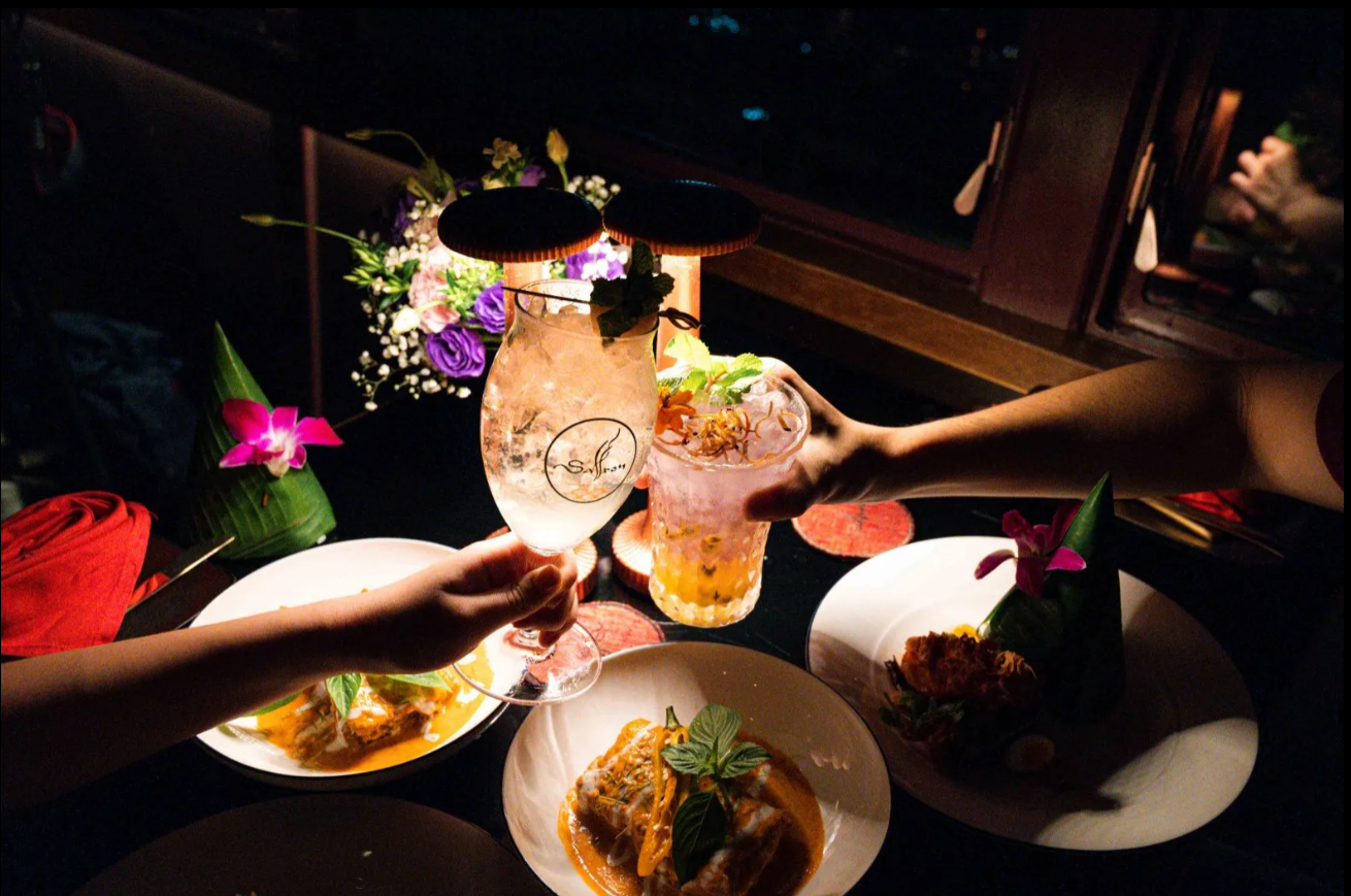 Dining setting aboard the Saffron Cruise by Banyan Tree in Bangkok