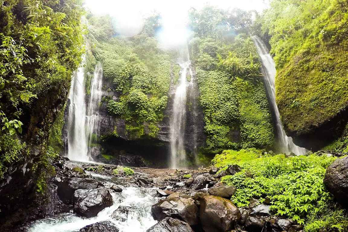 Visitors at the base of Sekumpul Waterfall surrounded by tropical forest and spray