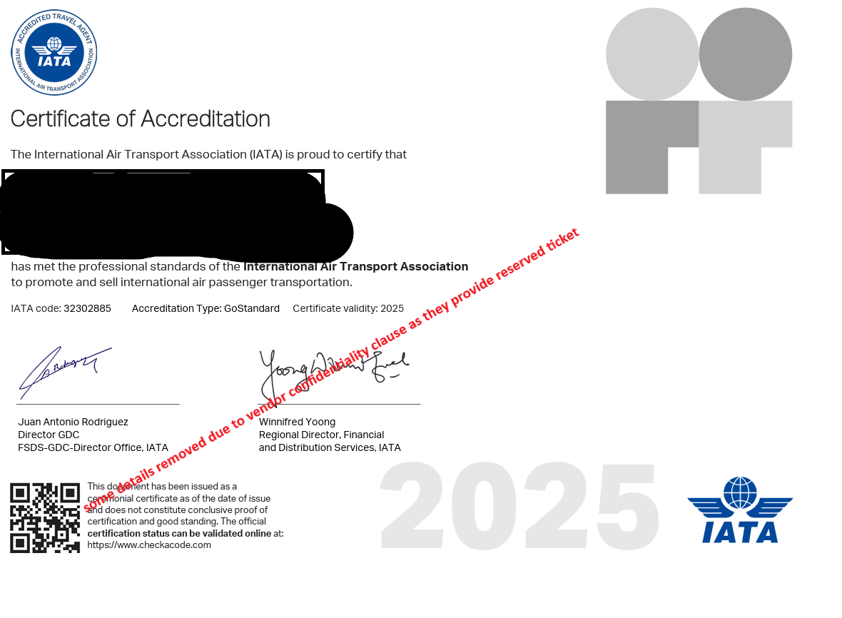IATA Certificate of Accreditation — our supplier is accredited by the International Air Transport Association