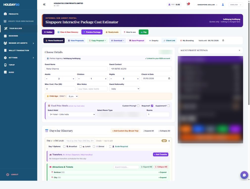 Enter your guest once — Tour Package Builder screenshot