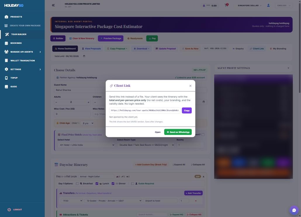 Send a link, not a file — Tour Package Builder screenshot