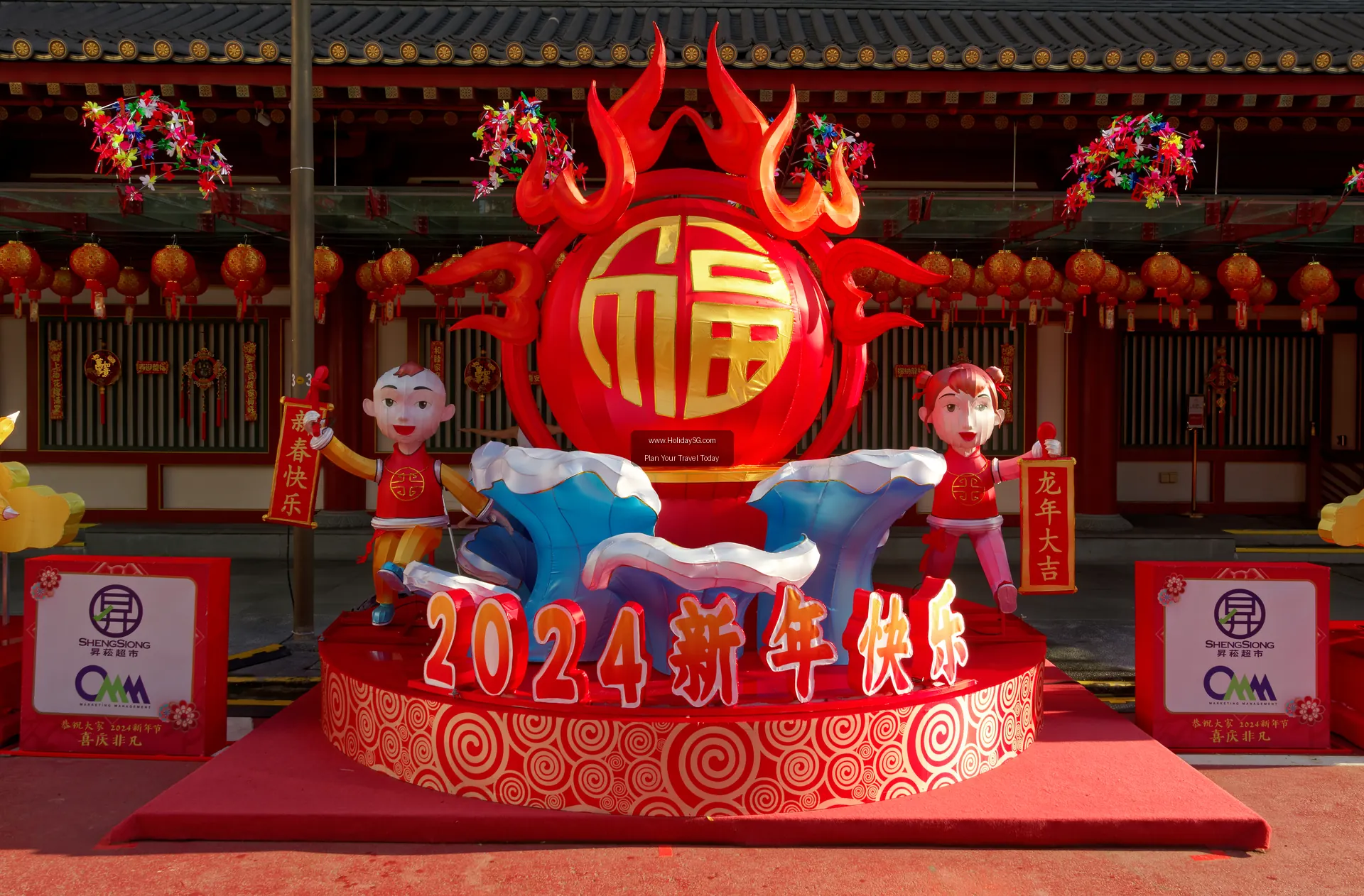 Colourful buildings and street activity in Chinatown Singapore