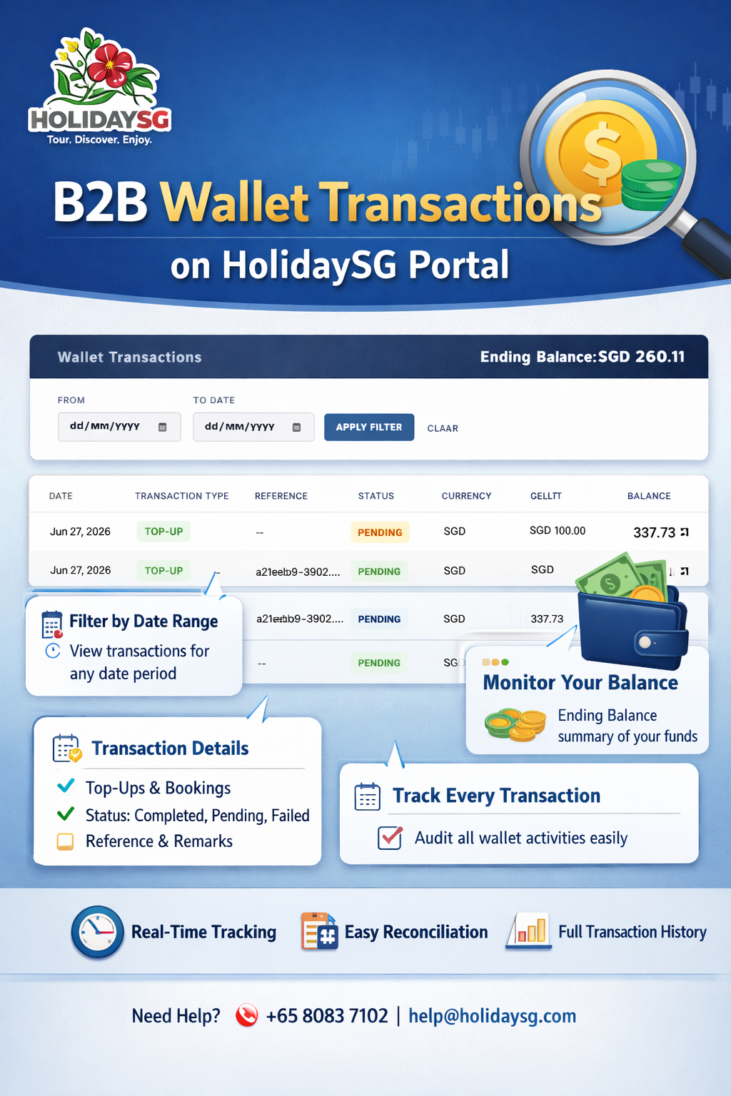 HolidaySG B2B Portal | Track Wallet Transactions & Balance